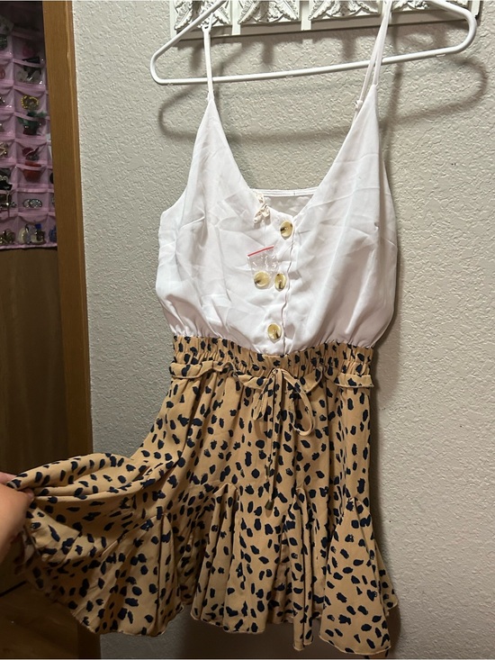 Main Strip Dresses & Skirts - Main Strip White Top with Tan and Black Spotted Skirt Midi Dress